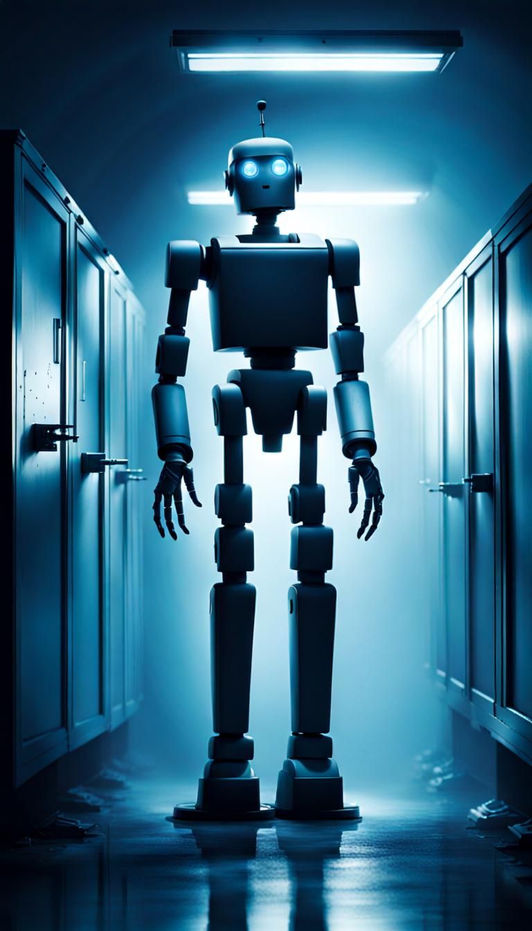 a lonely robot standing in an eerie morgue with fog and blue lights ...