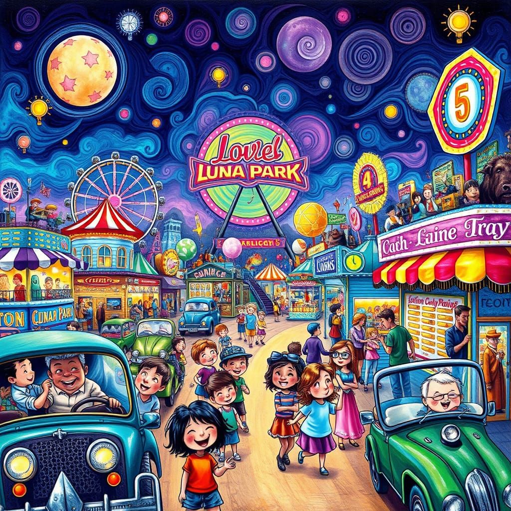 Whimsical Luna Park Scene in Colorful Comic Book Style