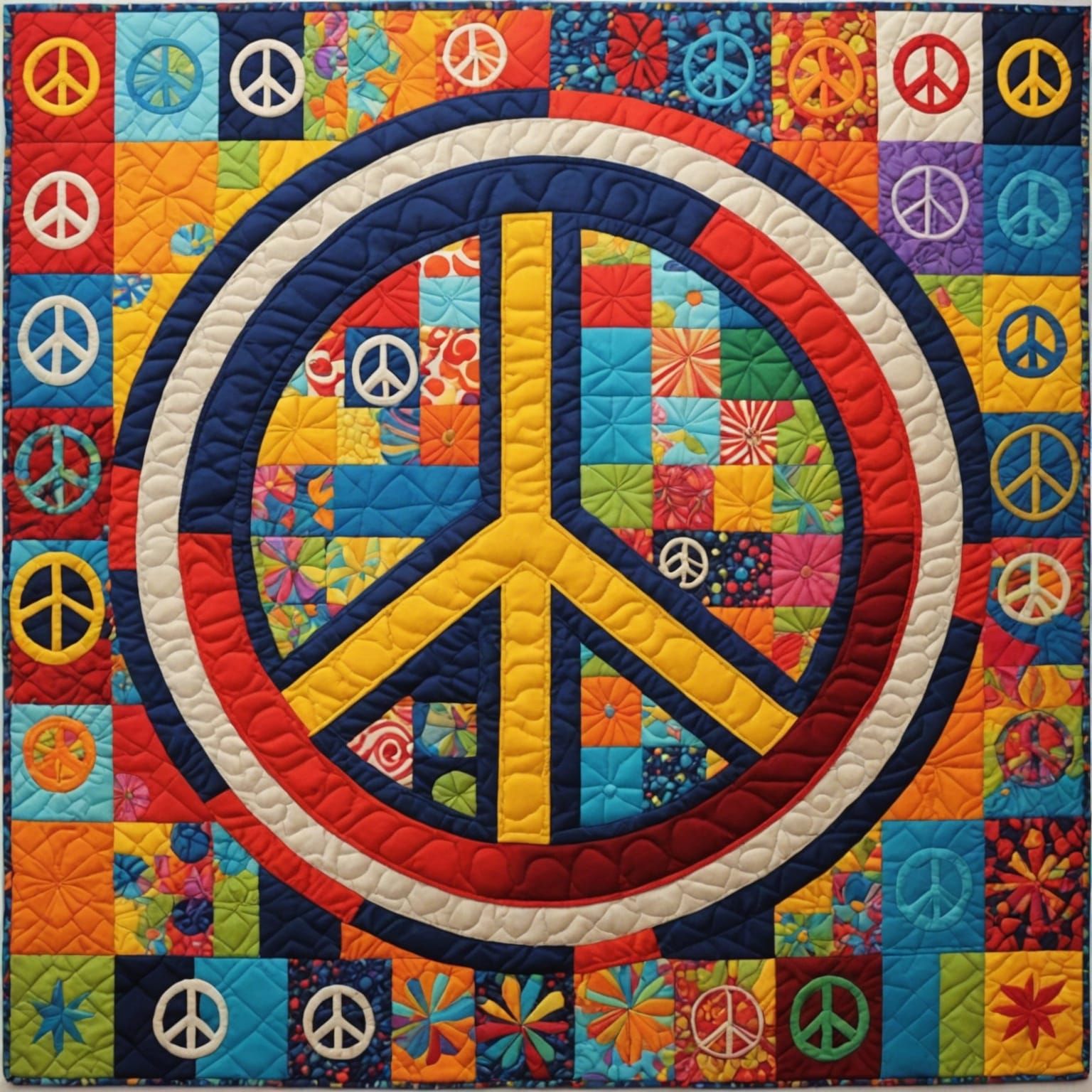 quilted art of 60s peace sign by mixing different kind of fa...