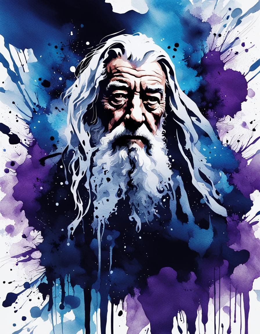 Monochrome ink splatter portrait of Gandalf  by @Alison