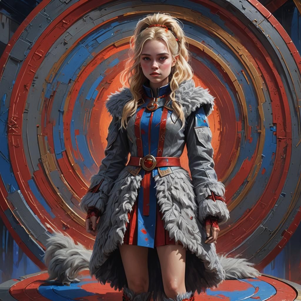 digital painting, A young blonde girl wearing a gray furry c...