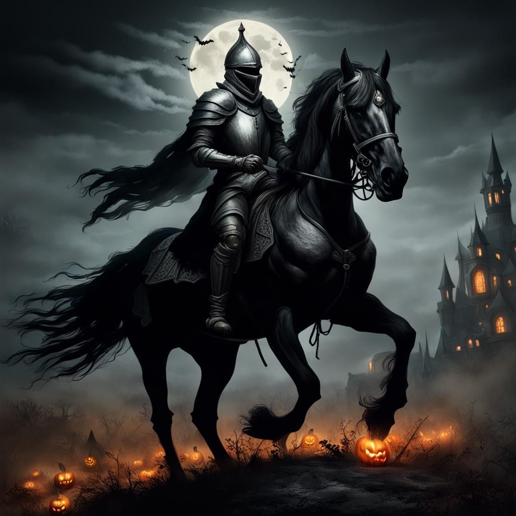 A knight on a black horse in a Halloween atmosphere. - AI Generated ...