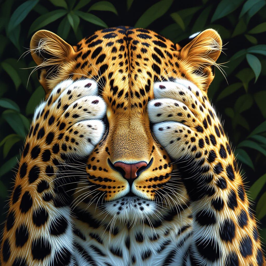 A leopard with both front paws covering his eyes