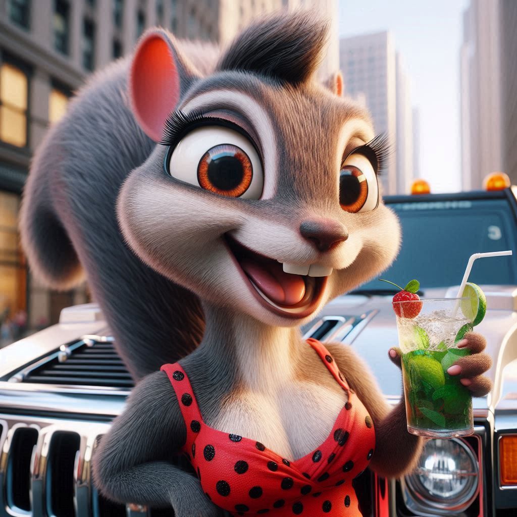 Cartoon squirrel drinking a mojito