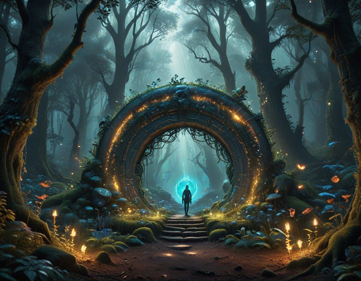 A hidden portal in an enchanted forest, glowing with otherworldly energy