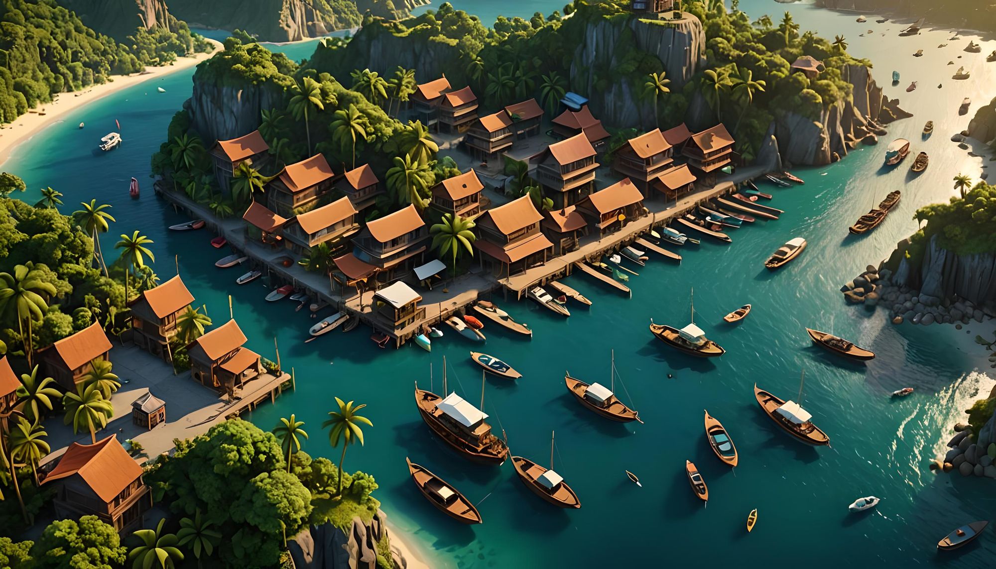 Isometric view of an enlivened tropical harbor.