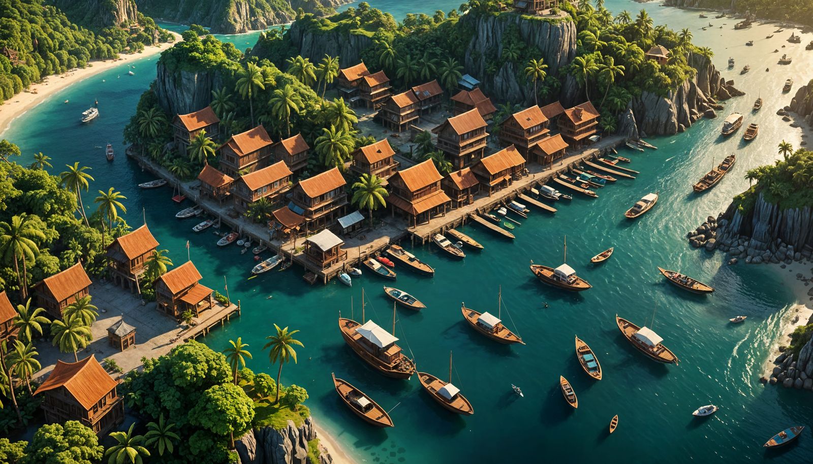 Isometric view of an enlivened tropical harbor.