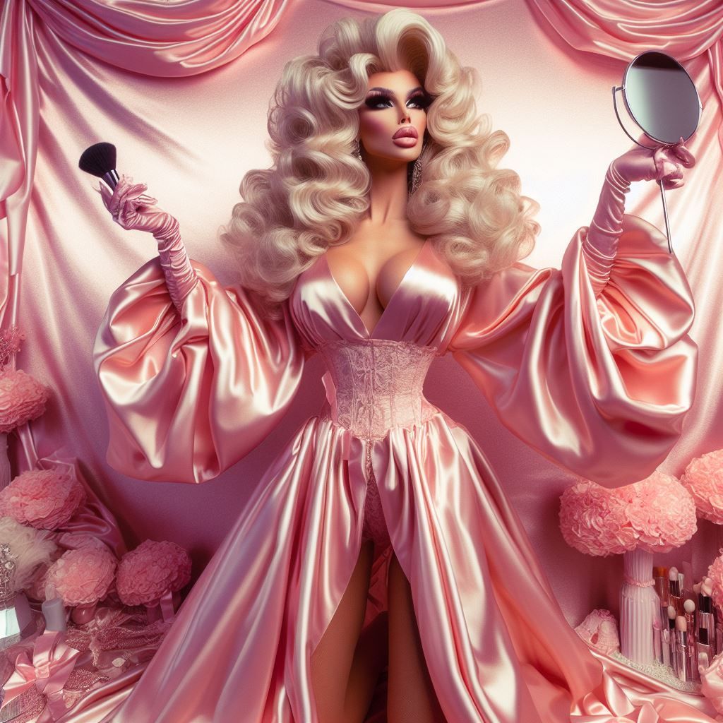 Satin Wonderland of Sissy Dresses and Wigs and Gloves and Makeup Mirrors. Poofy Extravagant Ultra Femme Drag Queen