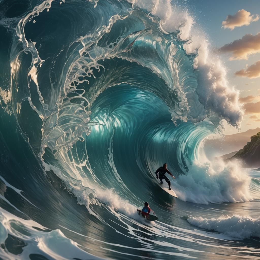 barrel of a massive crystal clear wave with surfer inside