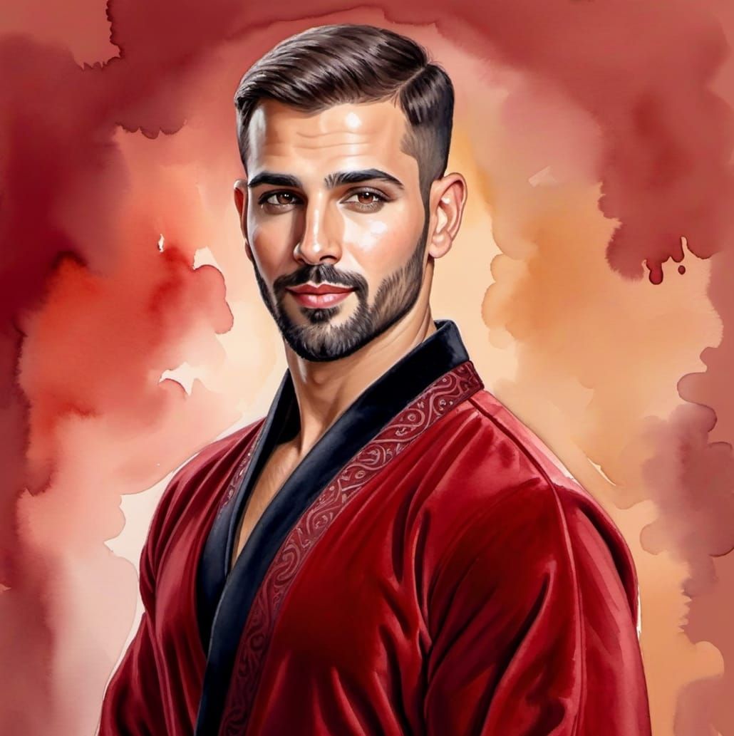 A handsome bearded man wearing a red  velvet bathrobe