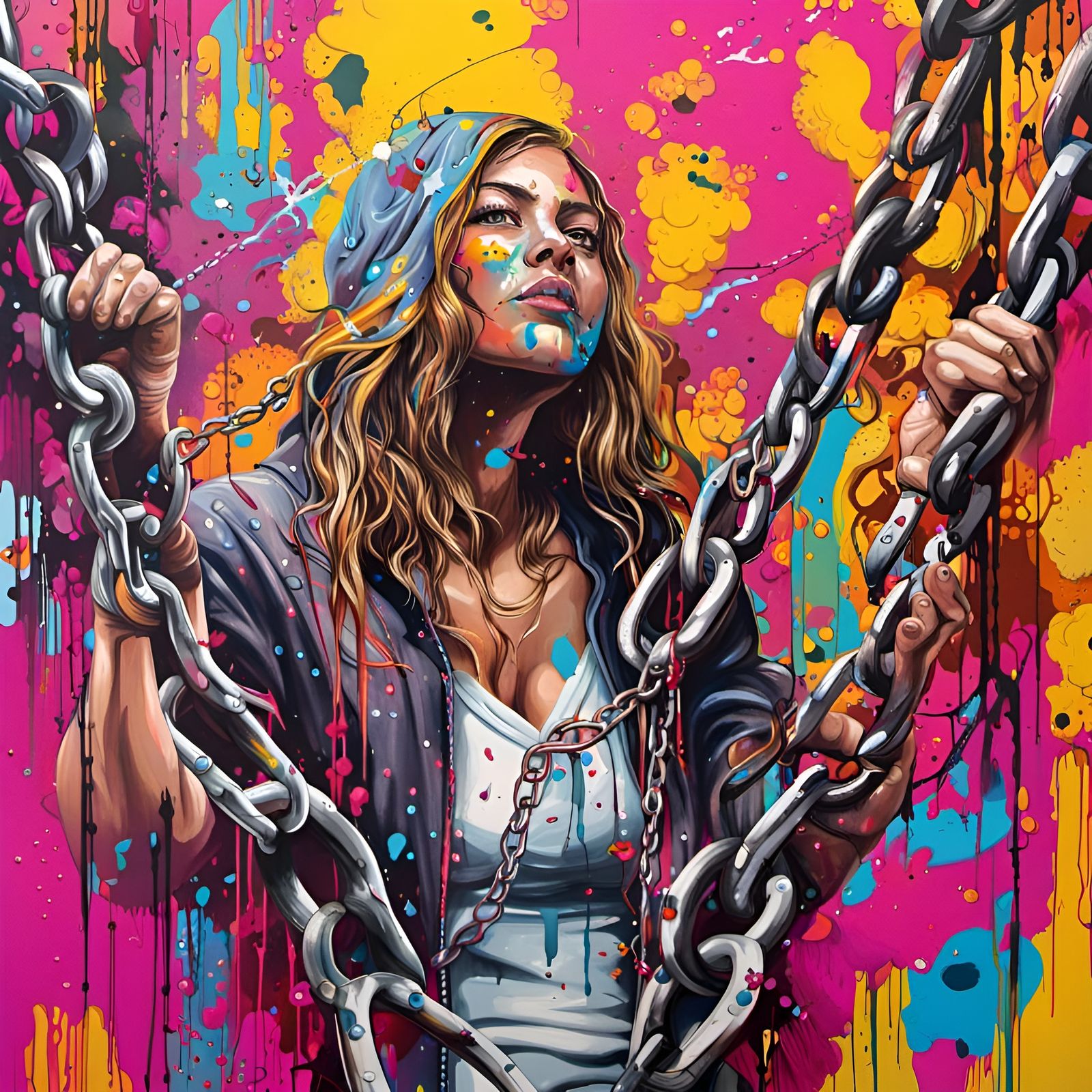 Woman breaking chains graffiti art, splash art, street art, ...