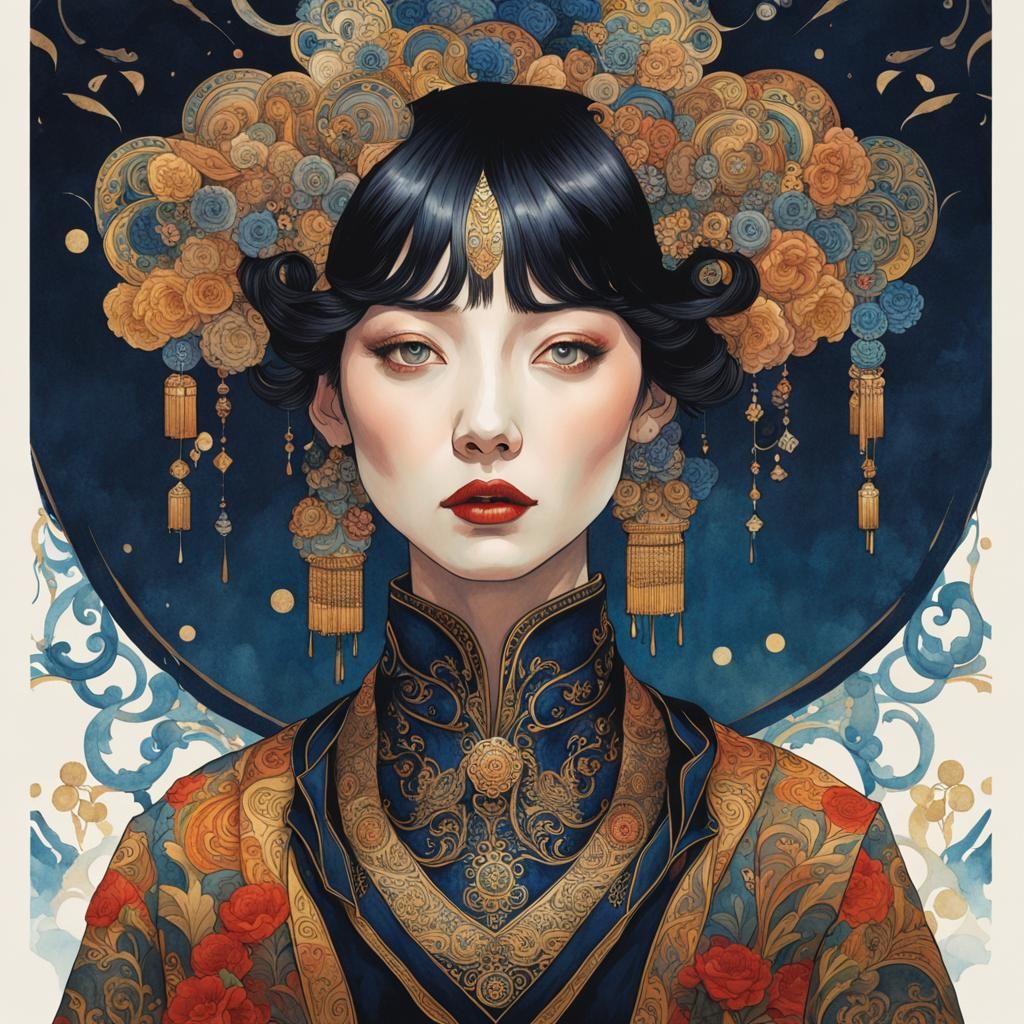 Shanghai Midnight Portrait in Klimt and Mucha Style