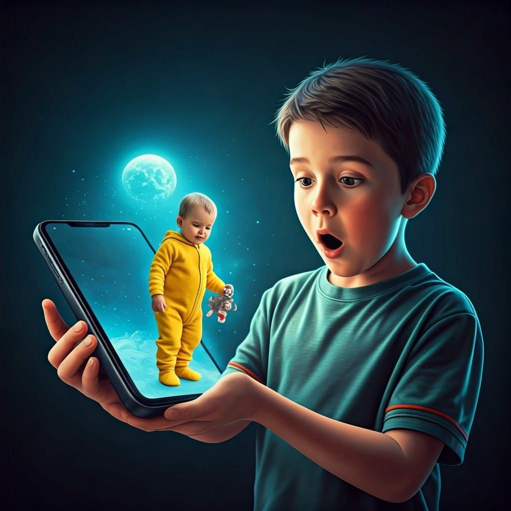 Toddler Emerges from Phone in Detailed Matte Painting