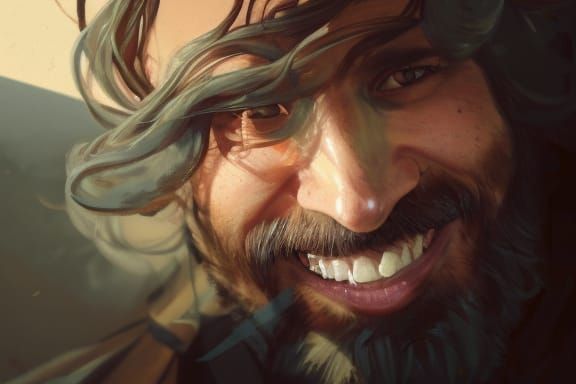 Bearded man laughing head and shoulders portrait, 8k resolut...