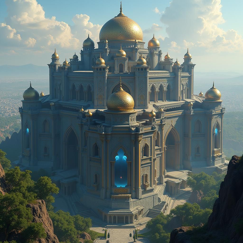 A massive palace complex, sitting on top of a plateau overlooking a massive medieval metropolis. Its design is similar to the Hagia Sophia,...