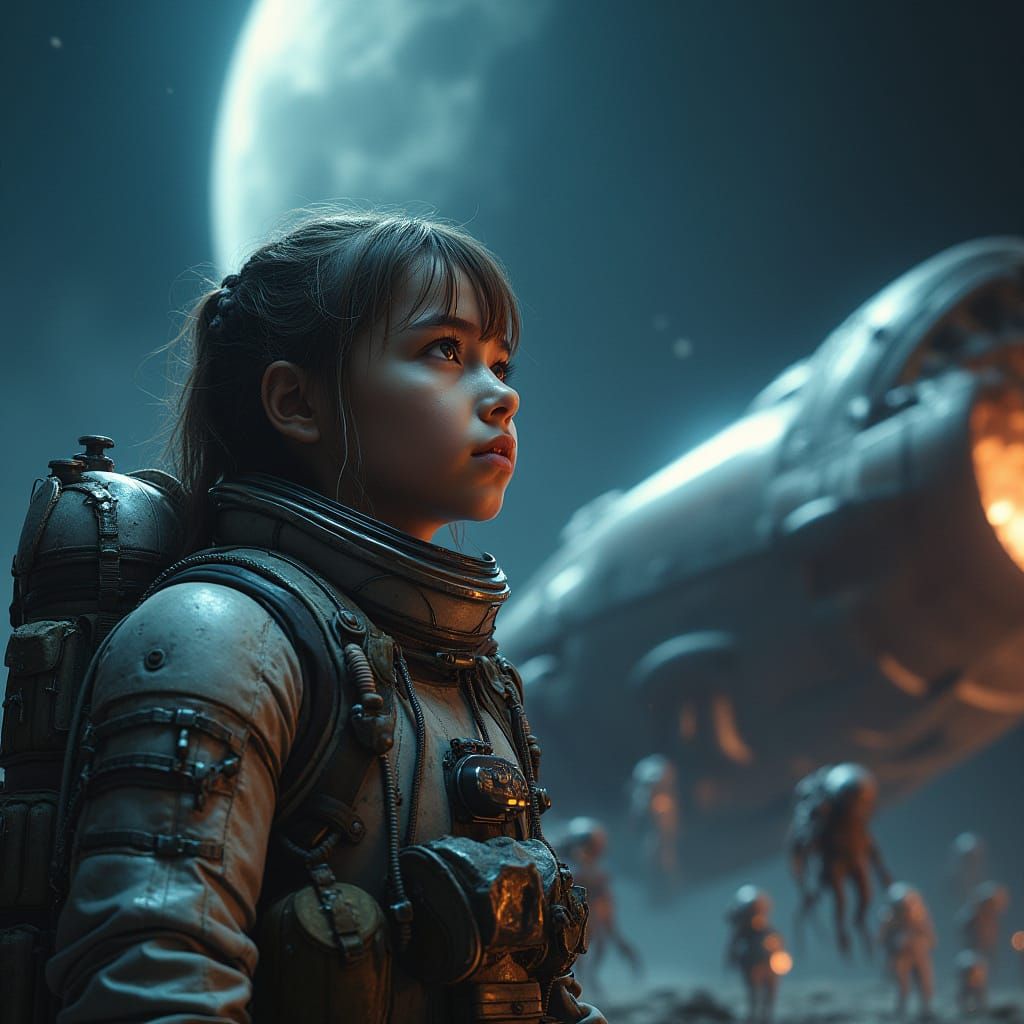 a girl child in a space suit fighting deadly aliens with her spaceship in the background lighted by the cosmic rays.the ambience should be o...