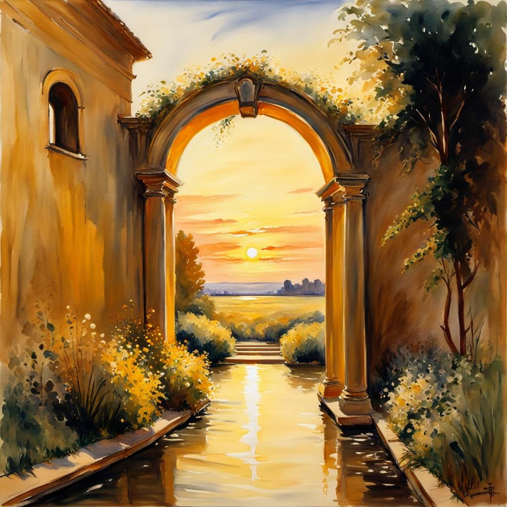 Surrealism watercolor PAINTING, golden hour, ethereal portal...