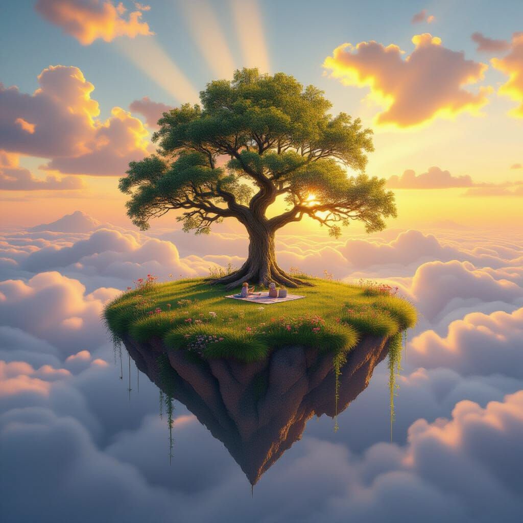 A floating island of grass and flowers drifting above the clouds, with a single ancient tree whose branches form a natural canopy over a pea...