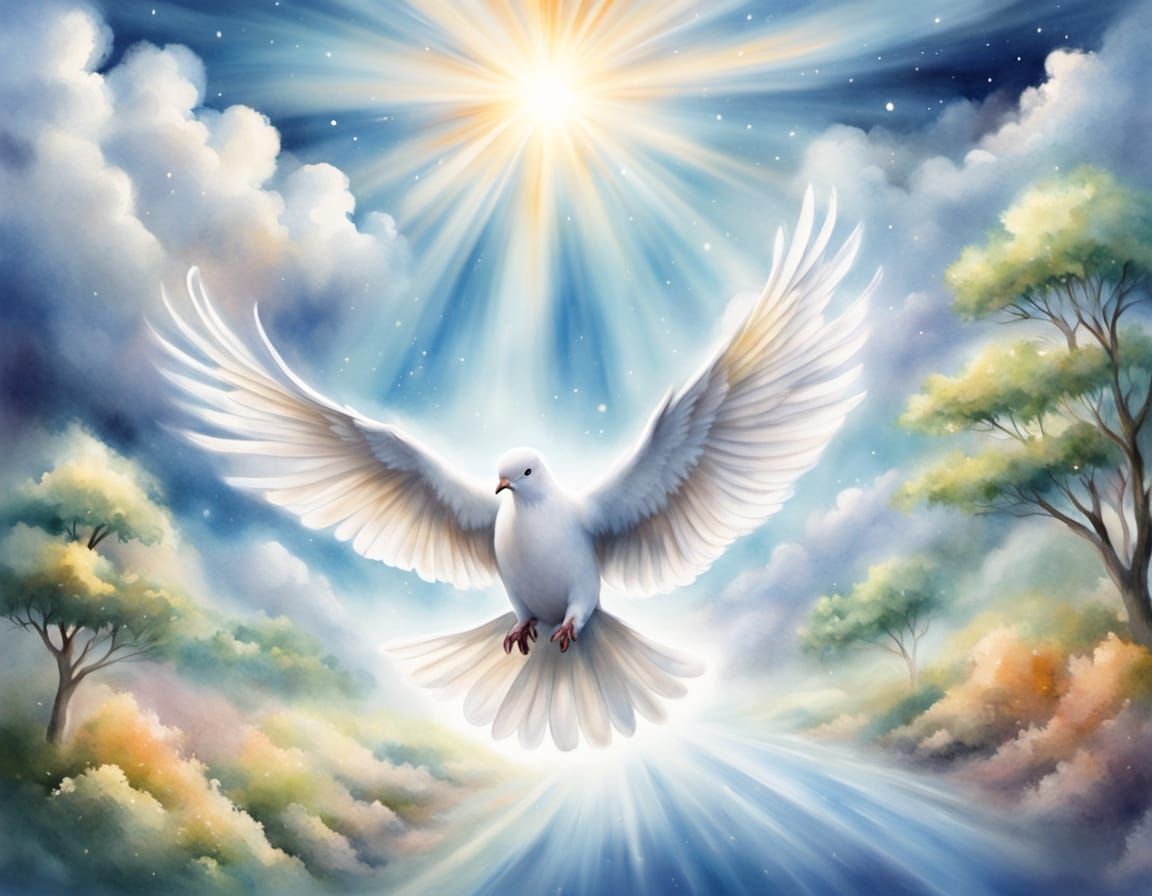 A dove soaring above a globe, leaving a shimmering path of unity heavenly sunshine beams divine bright ...  by @Caroline