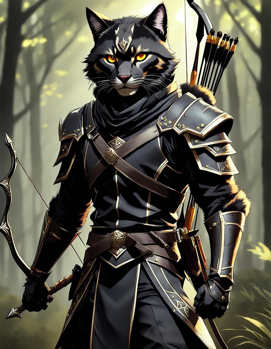 4k, hires, detailed, young male tabaxi ranger, handsome, yellow eyes, black fur, holding one longbow, full body, Masterpiece, Best Quality,...
