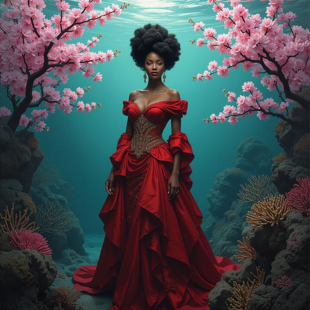 A magnificently conceived create an impasto portrait painting of african american woman in full body royal stance compos...