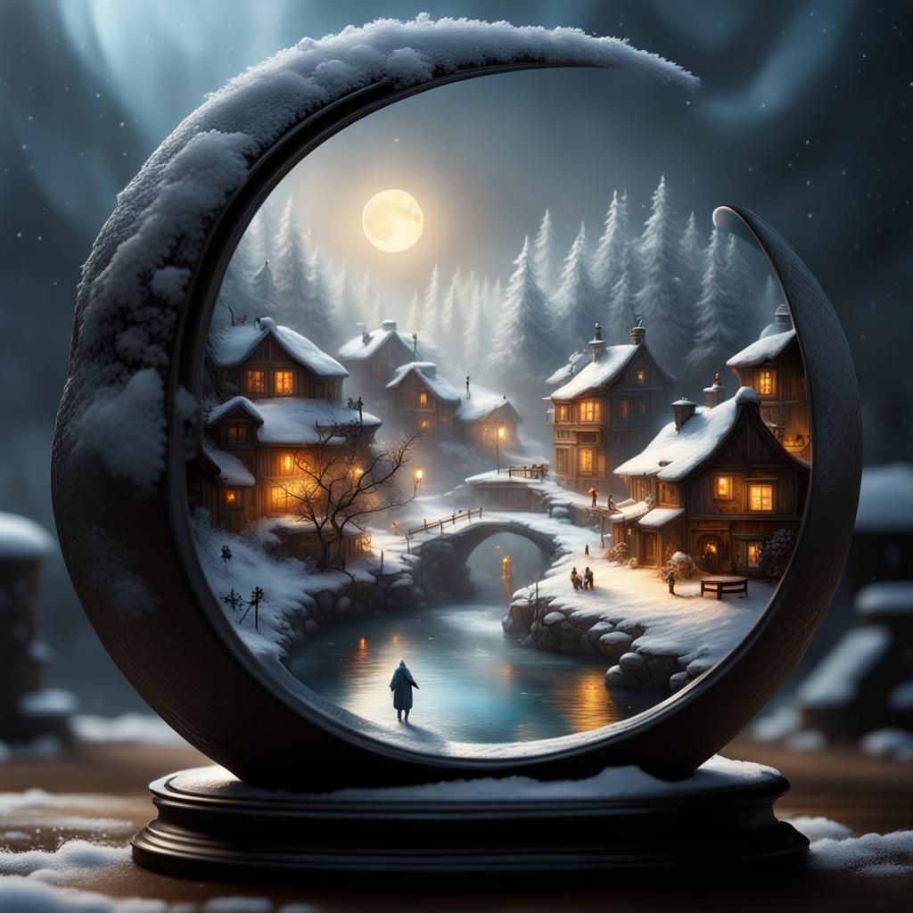 Winter snowy village with a stream inside miniature world  by @Tami-kokopellicandleco