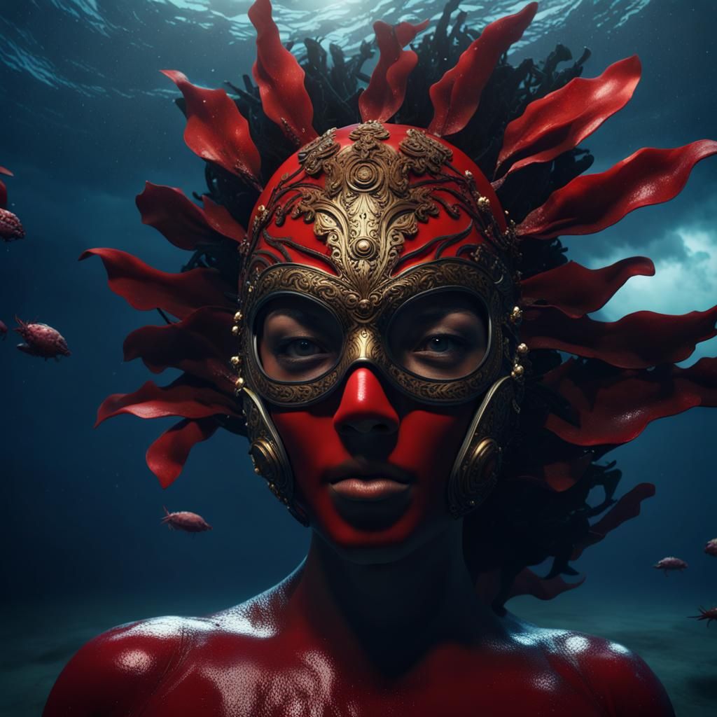 A red Greek theatre mask but in a red african mask style