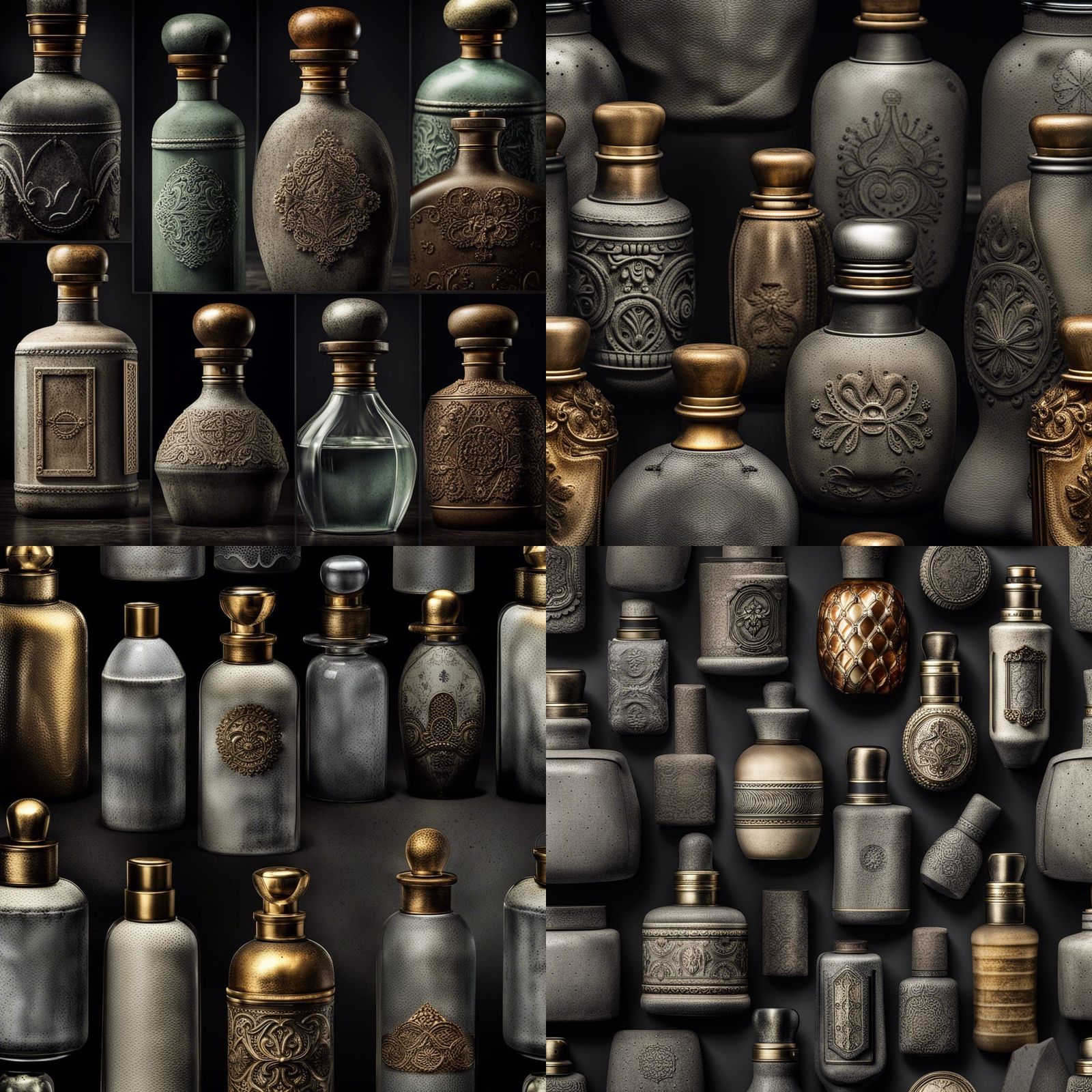 Concrete perfume bottles in vintage bottle designs. AI Generated
