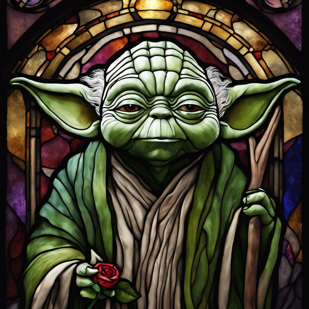 stained glass Yoda holding a rose , hd, hyper realistic, 4k AI Generated Artwork NightCafe