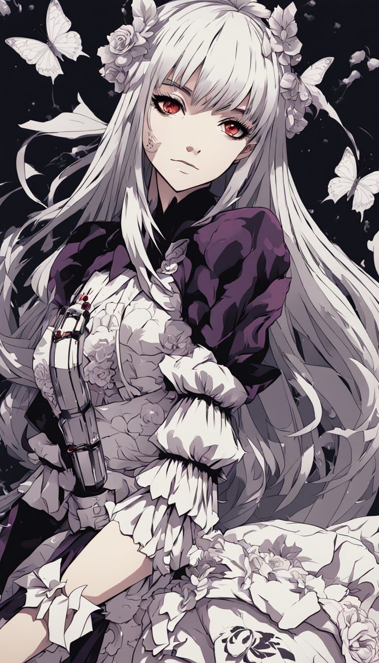 Elegant Vampire in Butterfly Dress, Anime Style