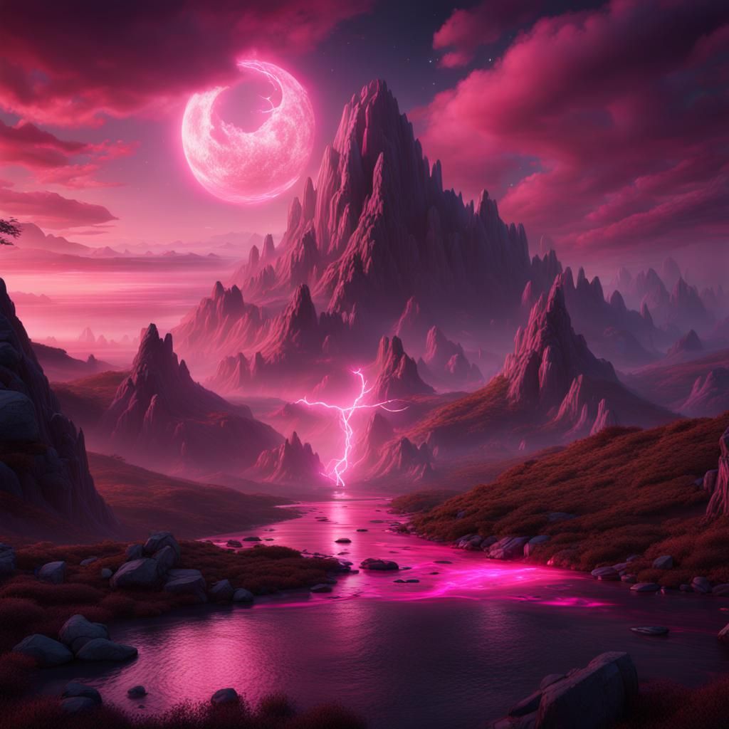 Night Mountain with Pink Rivers and Fairies