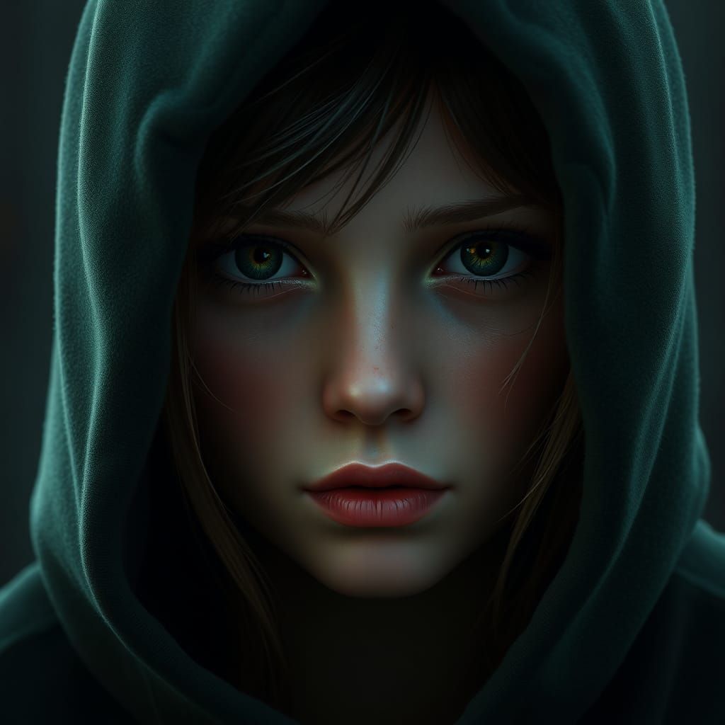 Mysterious Girl in Green Hoodie: Detailed Matte Painting