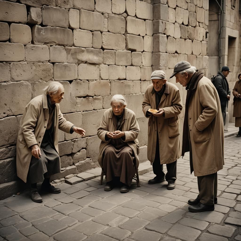 hungry elderly people begging for food