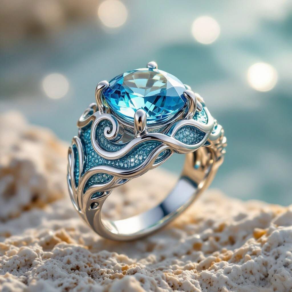 Silver Ring with Blue Topaz Ocean Design