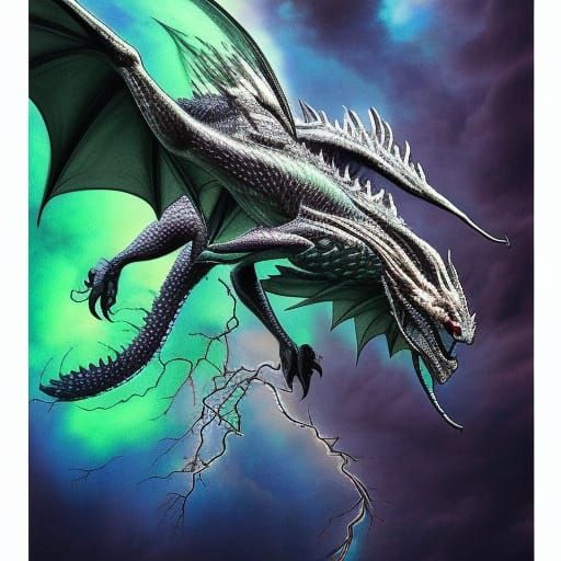 Dragon flying through a lightning storm, detailed scales, phantasmal ...