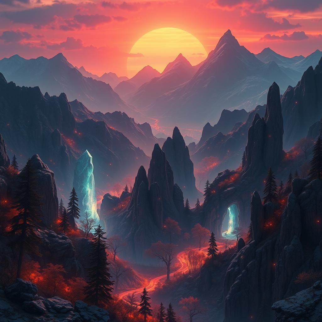 Mystical Landscape with Iridescent Forests in 8k