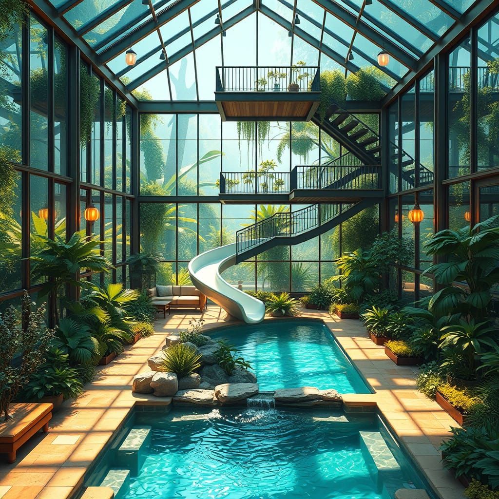 inside a glass enclosure you see an indoor pool as well as open slide ...  by @Spring Tide