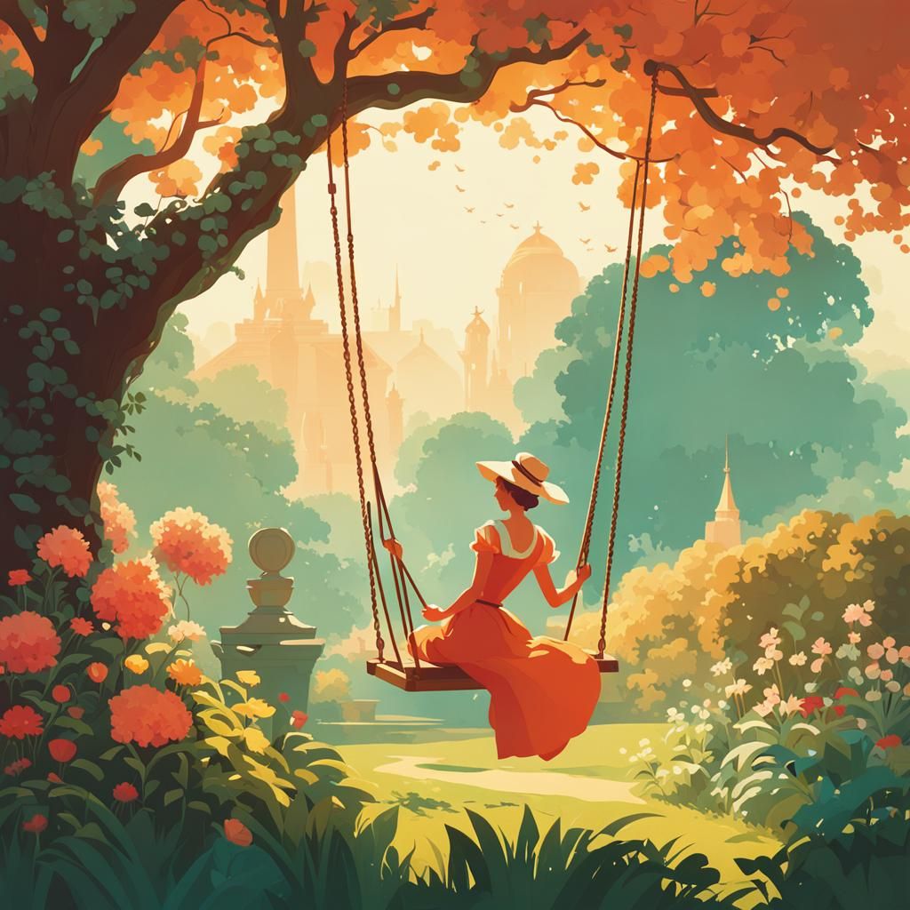 Woman on Swing: Art Nouveau Digital Painting