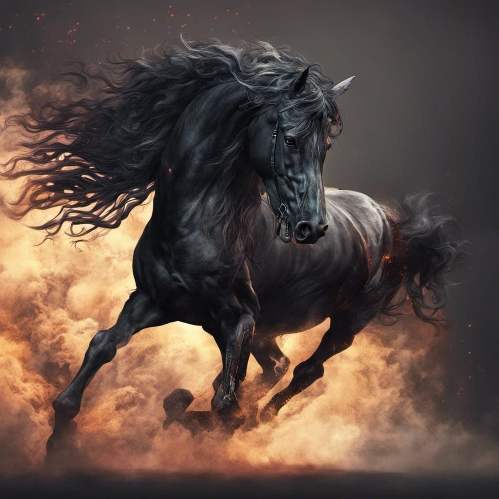 black horse with smoking hair, horror scene, dark fantasy an...