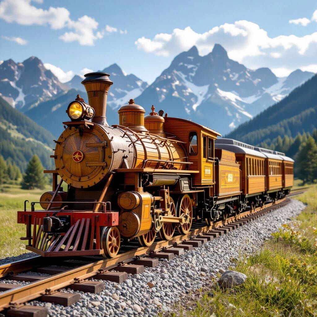 Gothic Wooden Train Creation in Mountain Landscape