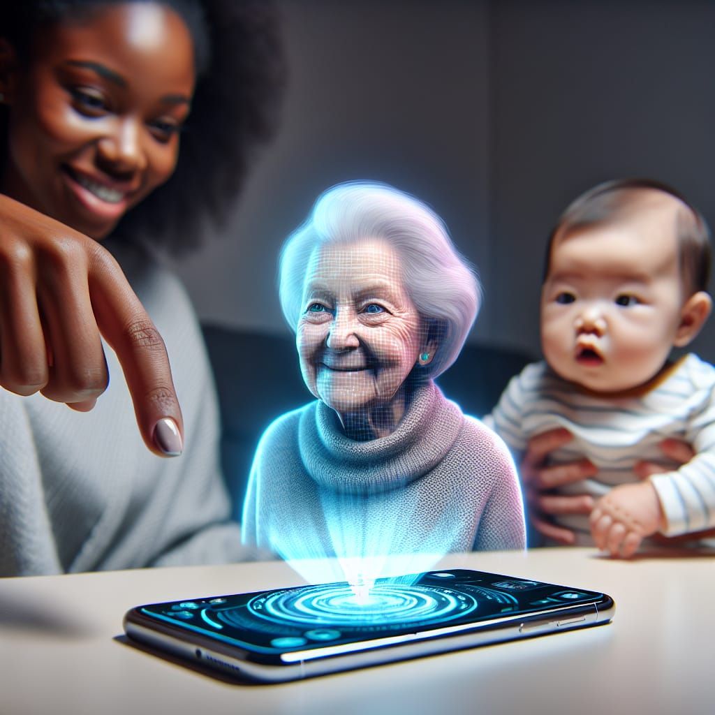 A phone lying flat on a table and projecting a 3 Dimensional image of an older woman with a smile on ...  by @Dantonio