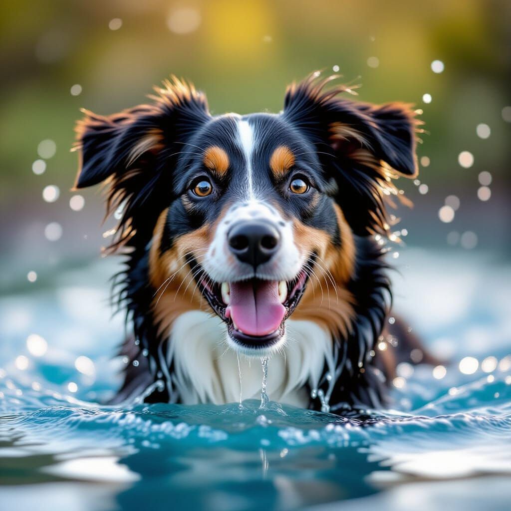 Happy Dog Plays in Water: Close-Up Portrait
