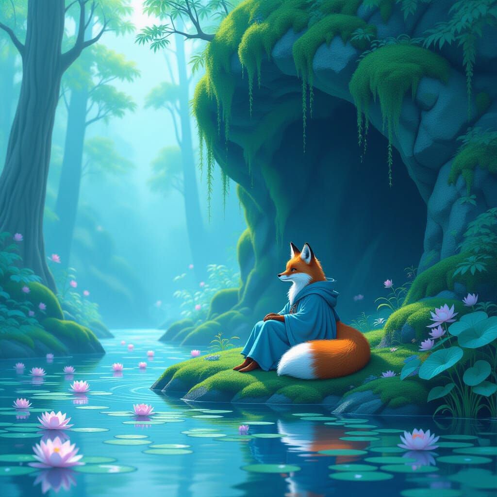 Fox in Cloak Gliding Through Misty Forest, Anime Style