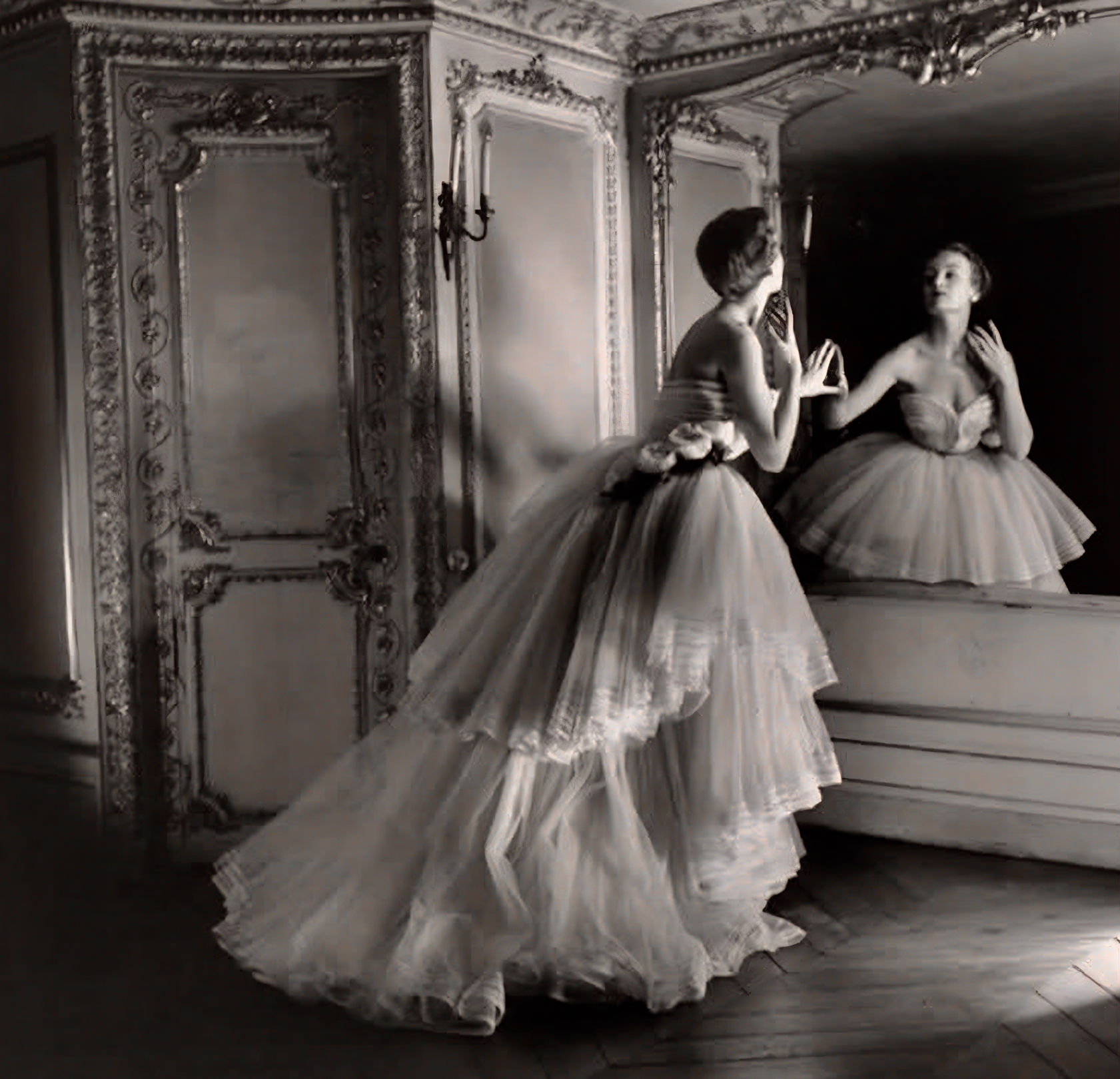 A graceful figure stands in front of an ornate mirror