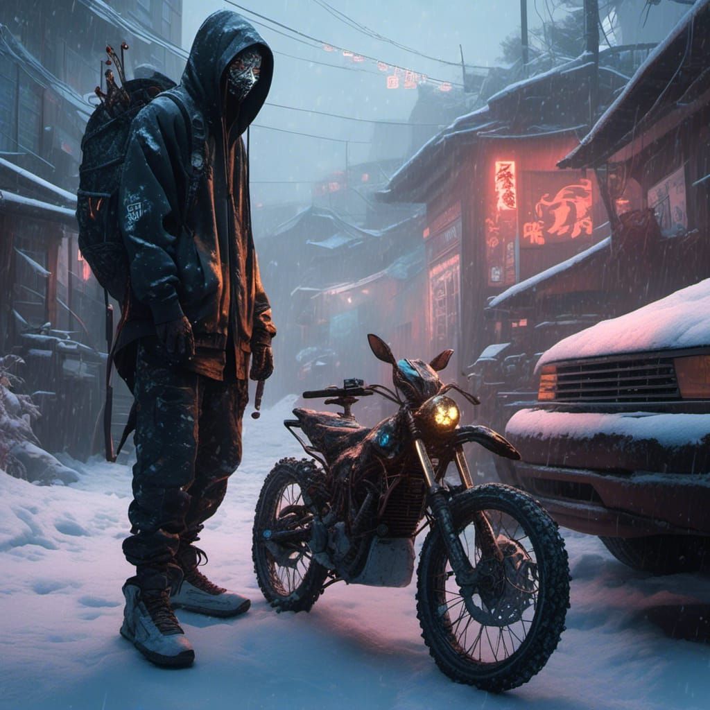 best quality, 32k resolution, the death riding a cat wearing hoodie, cinematic techwear, tree, clean, sharp details, , in winter, biolumines...