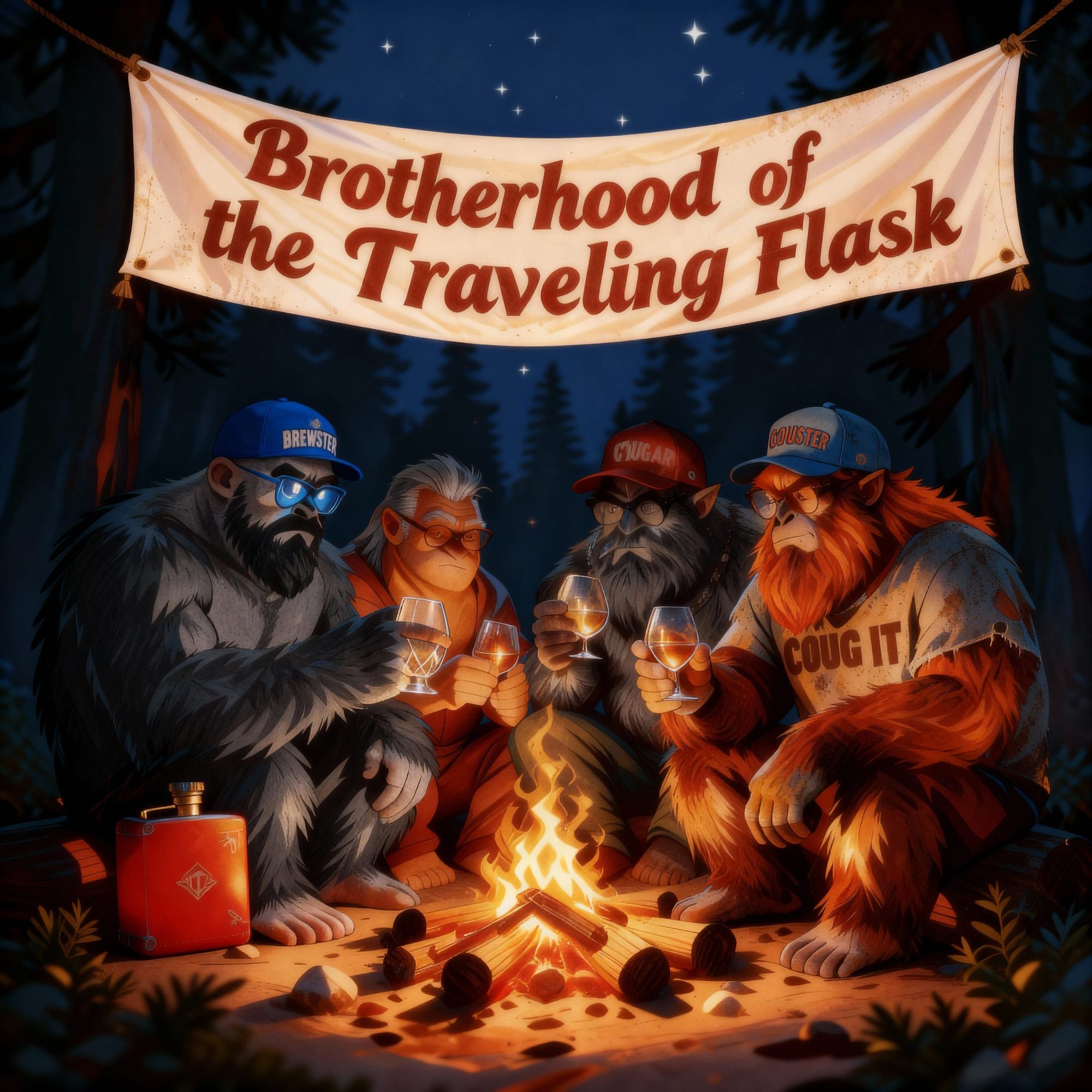 Painting of a group of four different Sasquatch sitting around a campfire. The style is reminiscent of a fantasy portrait. Each is holding a...