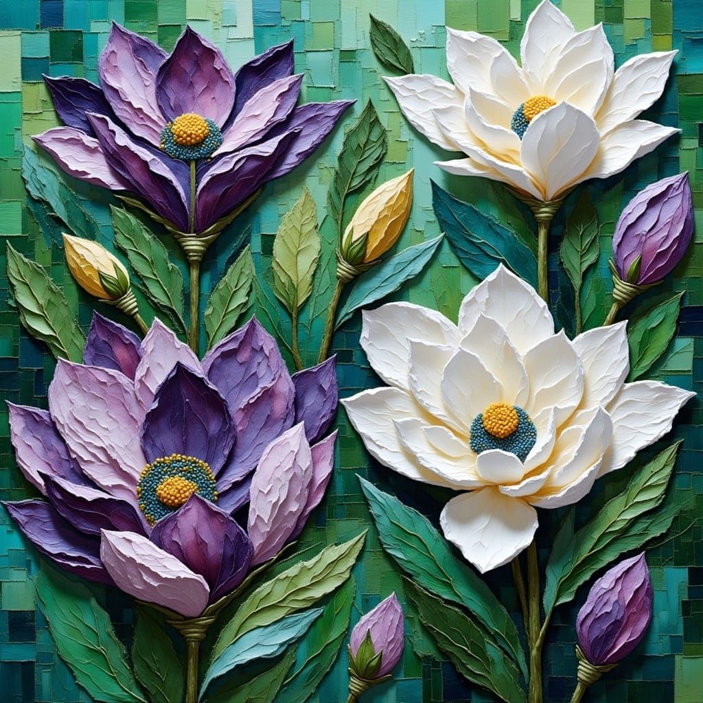 <lora:Impasto Patch:1.0> A gorgeous scene of a lush green garden with multiple flowers in lavender mixed with black roses and white magnolia...