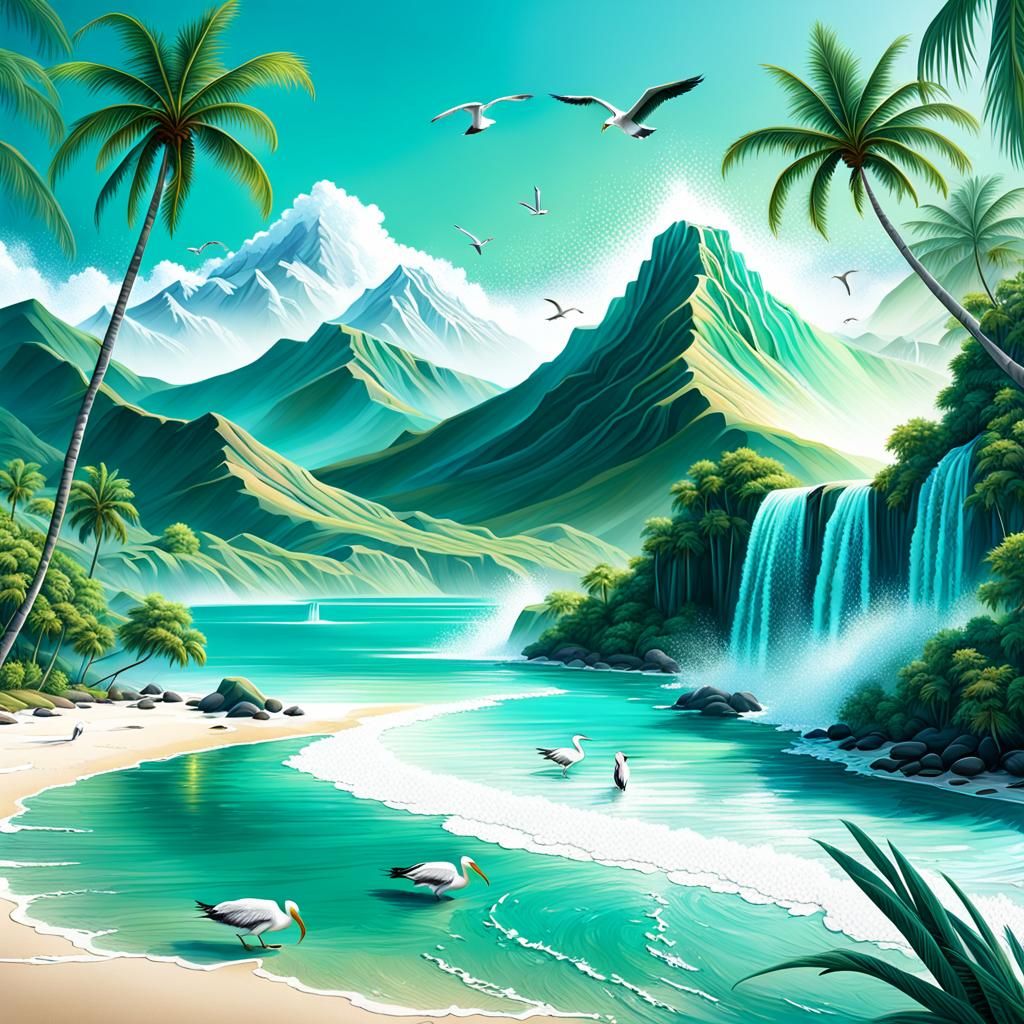 the background colorful fractals, next layer: green mountain...