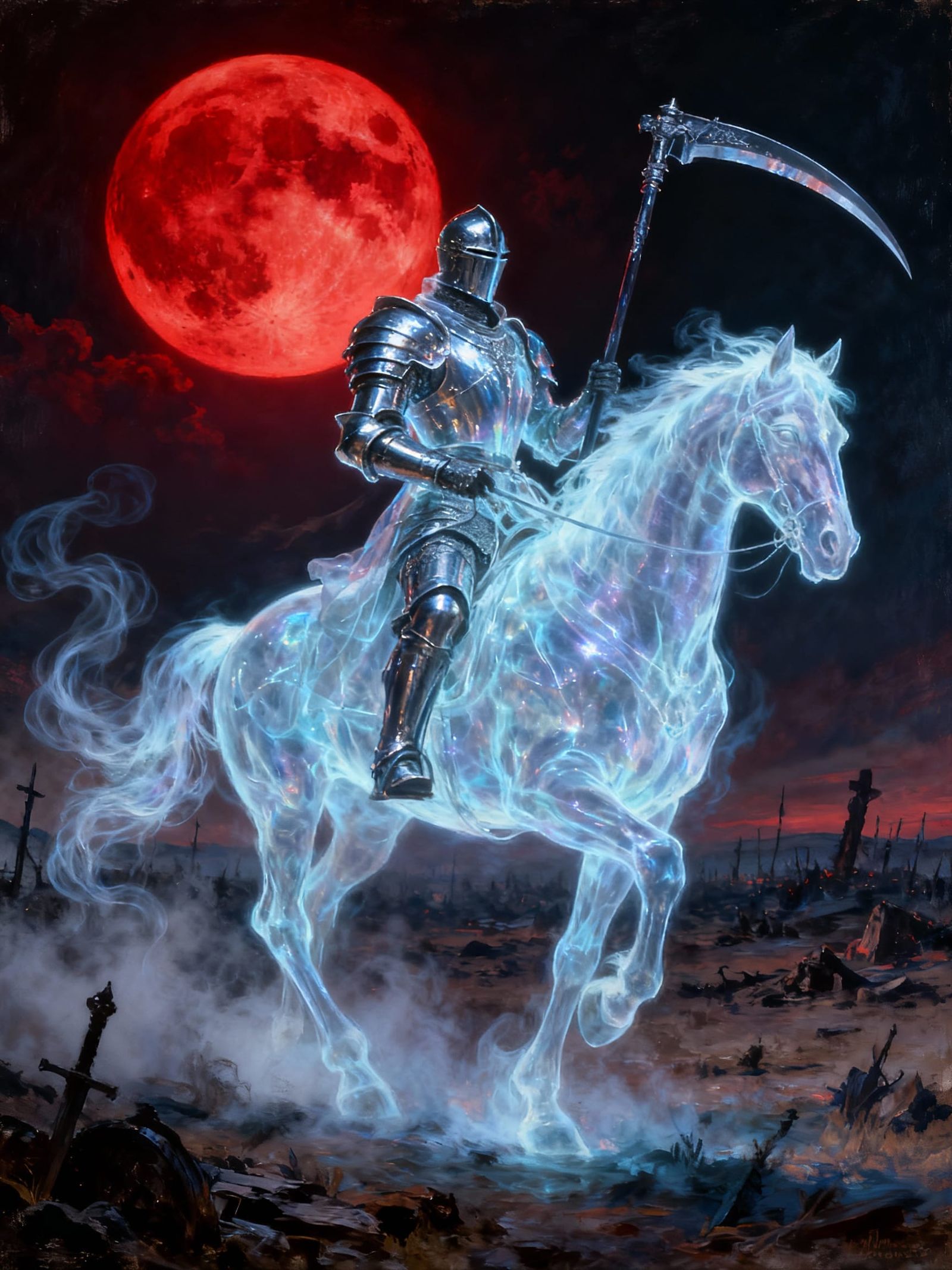 A spectral knight, clad in ethereal, shimmering armor, rides a ghostly steed across a desolate battlefield ...  by @undefined
