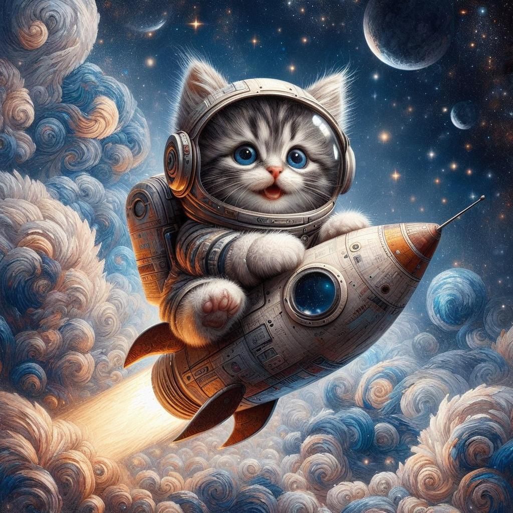 Kitten Astronaut Riding a Spaceship  by @Rosie